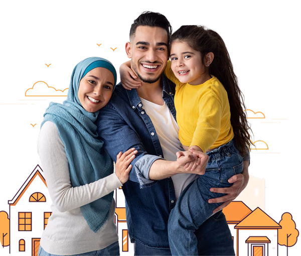 Happy Family Mother Wearing Hijab Father Young Daughter A happy family with a mother wearing a hijab, father, and young daughter, with cartoon houses in the background.